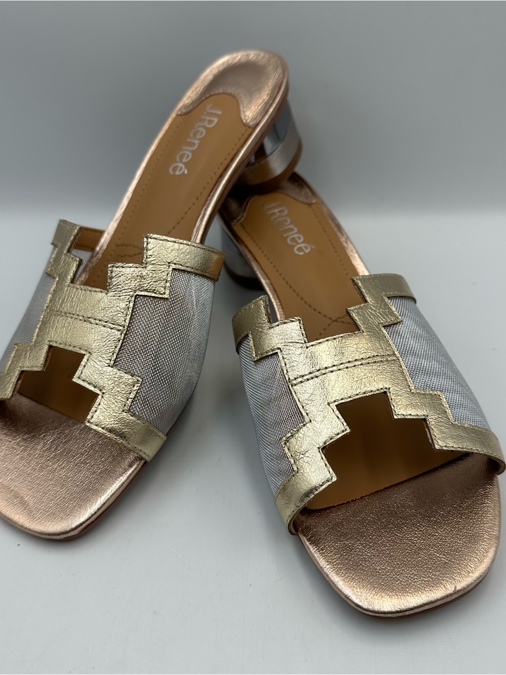 J. Renee Amorra Slide Sandal Womens 9M Metallic Mesh Gold Rose Gold Geometric